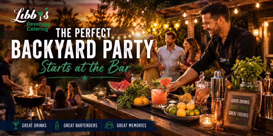 Outdoor backyard party at dusk with string lights, a bartender serving cocktails at a wooden bar while guests mingle; bold promo text says “The Perfect Backyard Party Starts at the Bar.” (Lubb's Beverage Catering)